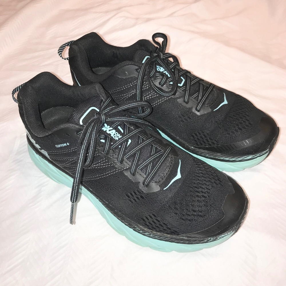Hoka One One Clifton 6 Womens Running Shoes Black Aqua Sky 1102873 BASY Size 8‎
